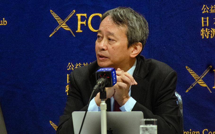 Koichiro Tanaka, a professor at Keio University and expert in international relations in the Middle East, speaks at the Foreign Correspondents’ Club of Japan in Tokyo on Nov. 2, 2023.