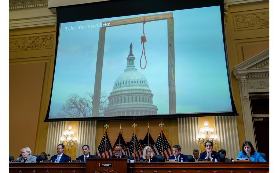 As the hashtag #ExecuteMikePence trended on Twitter on Jan. 6, 2021, one staffer was trying to take down such tweets one by one. Above, the Jan. 6 committee and a photo of a gallows on the Capitol grounds. 