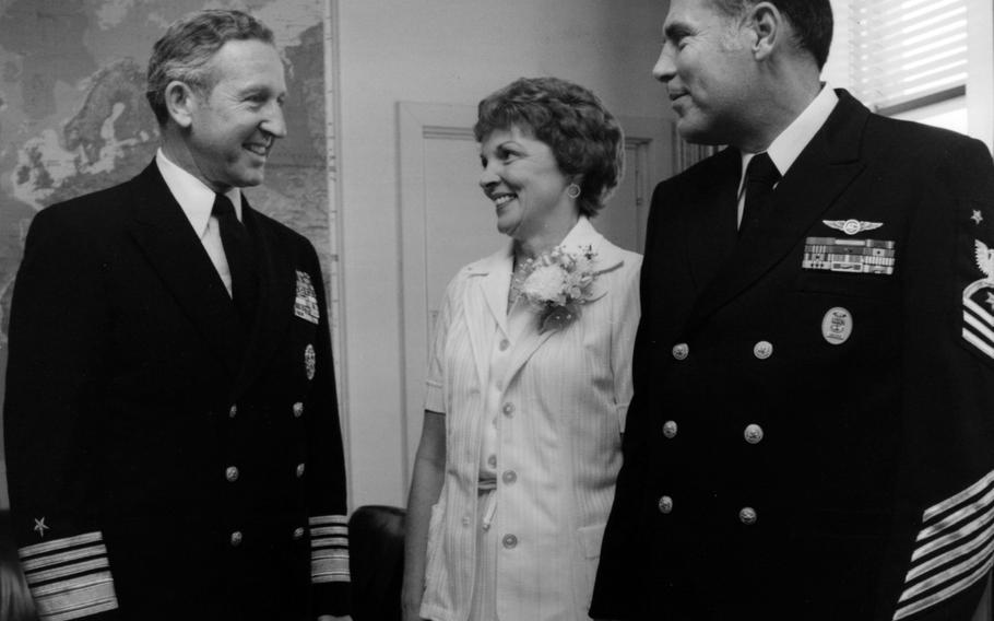 In this June 1979 photo, then-Chief of Naval Operations Adm. Thomas B. Hayward meets with the 4th Master Chief Petty Officer of the Navy Thomas Crow and his wife, Carol, in Washington, D.C., on the occasion of Crow’s selection as MCPON.