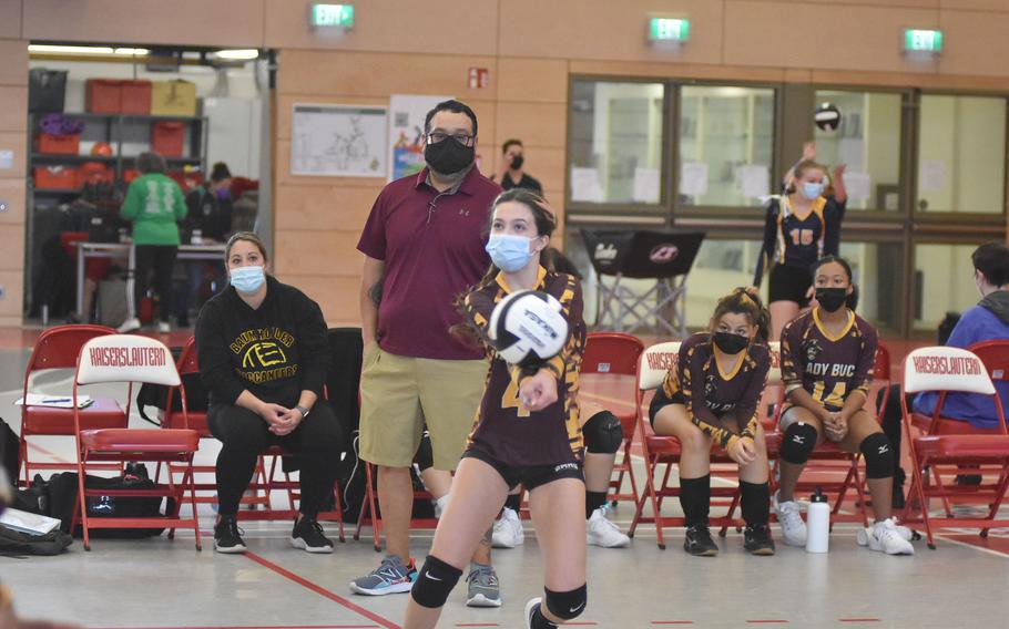 Baumholder coach Matthew Martinez watches Galiana Baumann start the Bucs offense on Friday, Oct. 29, 2021, at the DODEA-Europe Division III tournament in Kaiserslautern, Germany.