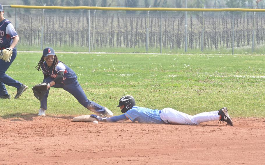 Sigonella’s Chase Wise beats the ball to second base before Aviano shortstop Andrew Walker can tag him out Saturday, April 6, 2024.