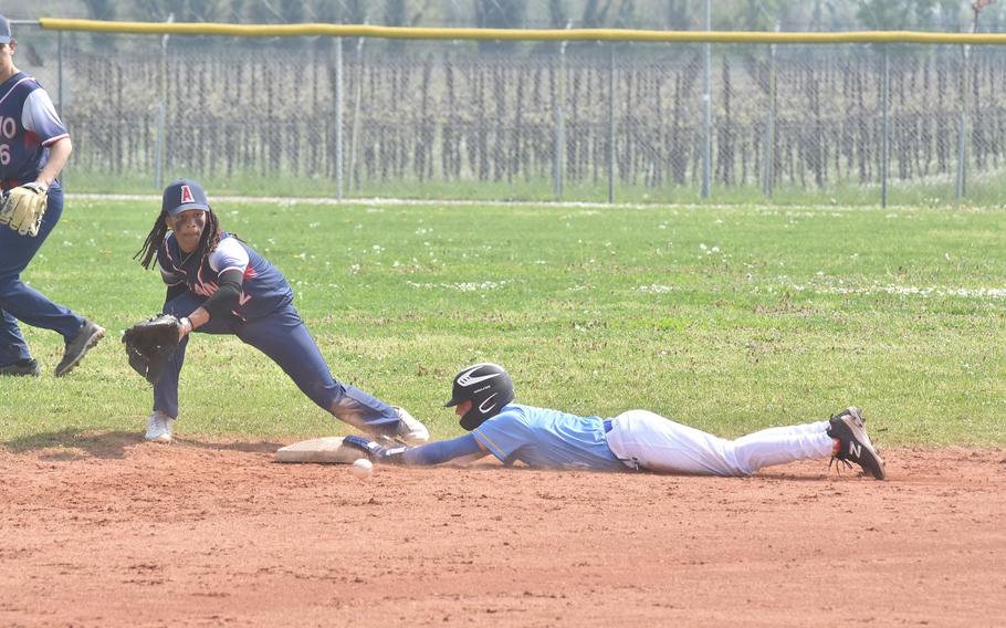 Sigonella’s Chase Wise beats the ball to second base before Aviano shortstop Andrew Walker can tag him out Saturday, April 6, 2024.