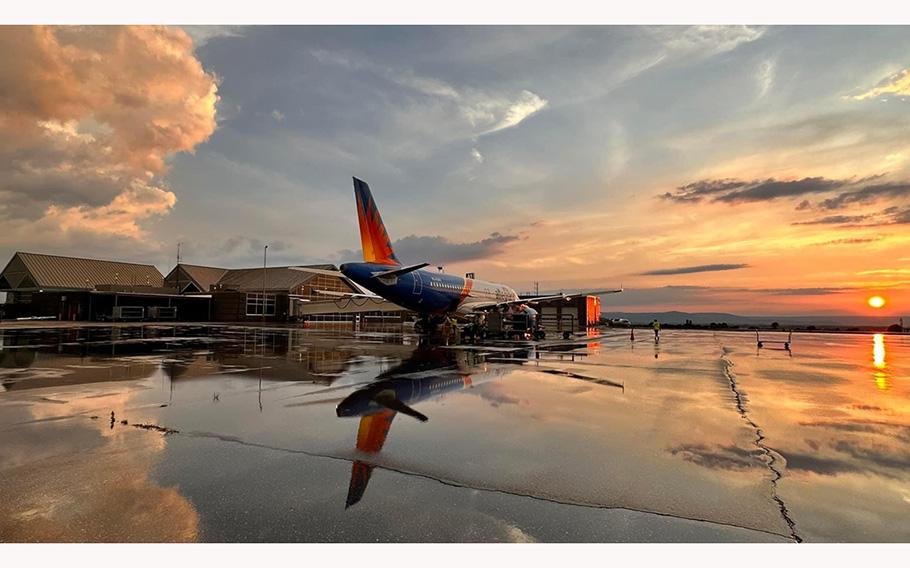 An aircraft is parked on a wet tarmac at Hagerstown Regional Airport in Maryland. Allegiant Air says the nation’s aviation industry is short about 17,000 pilots in 2023 and that number could double by 2032.