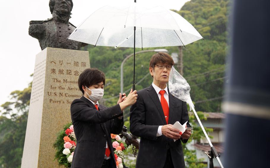 Mayor Shoichiro Matsuki speaks at a monument honoring Commodore Matthew C. Perry in Shimoda, Japan, May 19, 2023. The ceremony was part of the city's 84th annual Black Ship festival. 