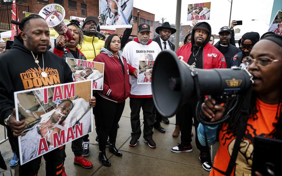 Family members and local activists hold a rally for Tyre Nichols at the National Civil Rights Museum on Monday, Jan. 16, 2023. Nichols was killed during a traffic stop with Memphis Police Jan. 7.