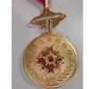 A close-up of a gold medal.