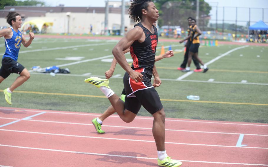 OCSI's Jeremiah Tucker nears the finish of the 100-meter preliminaries. He holds the Pacific record with a time of 10.45.