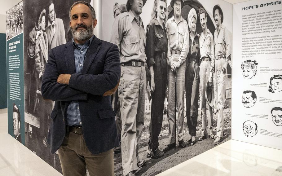 National Museum of the United States Army chief curator Paul Morando poses in front of part of the Bob Hope traveling exhibit on September 16, 2022.