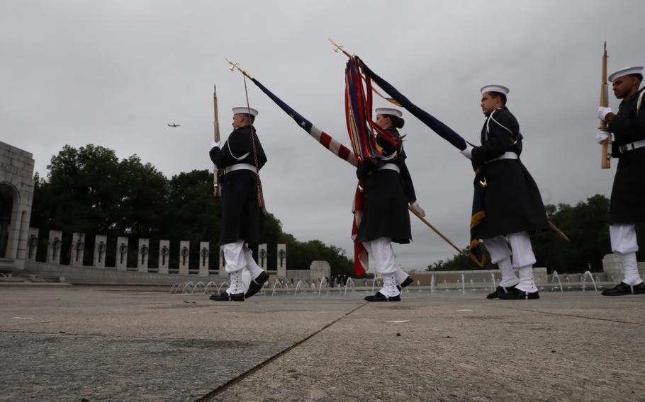 The Armed Forced Color Guard at the World War II Memorial on the National Mall in Washington, D.C., on Memorial Day, May 29, 2023.