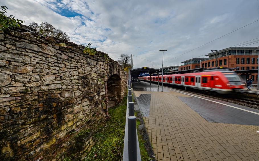 The ruins of the Roman theater in Mainz, Germany, are located at a train station named after the theater. Lighter-colored tiles show the original location of walls that were removed to make way for the rail line.