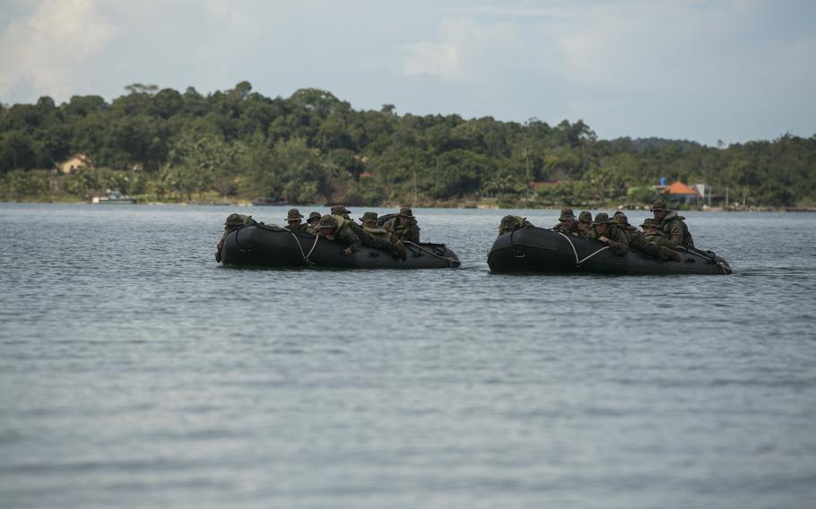U.S. Marines demonstrate amphibious raids to Royal Cambodian Navy Sailors at Ream Naval Base, Sihanoukville, Cambodia, Nov. 2, 2016.  Plans to expand the base were finalized in 2020, and, significantly, called for the Chinese military to have “exclusive use of the northern portion of the base, while their presence would remain concealed,” an official said.