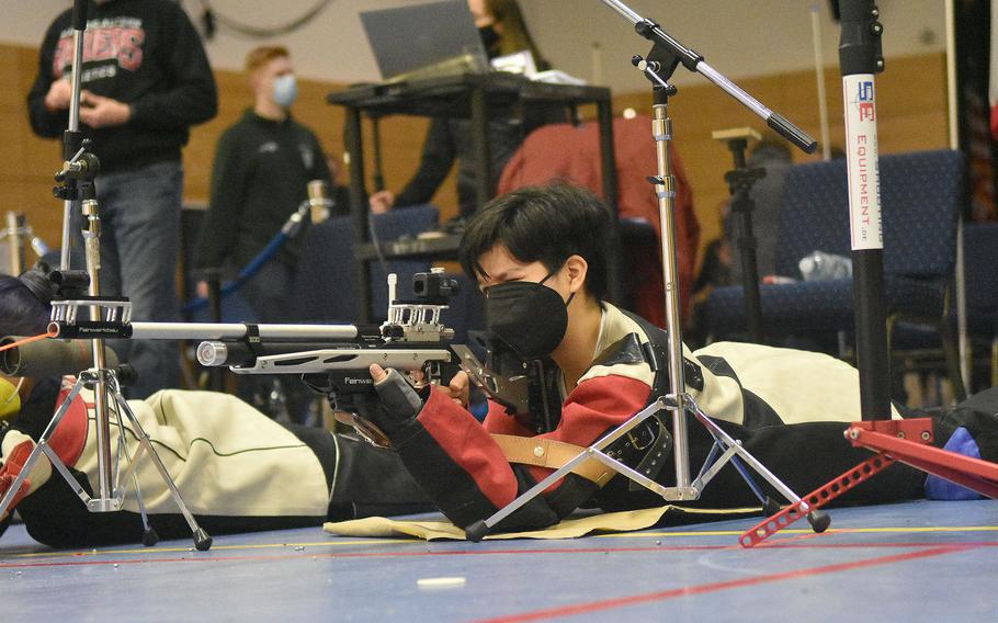 Baumholder's Madison Brech takes aim at a target during the DODEA-Europe marksmanship championships Saturday, Feb. 5, 2022, at Wiesbaden High School.