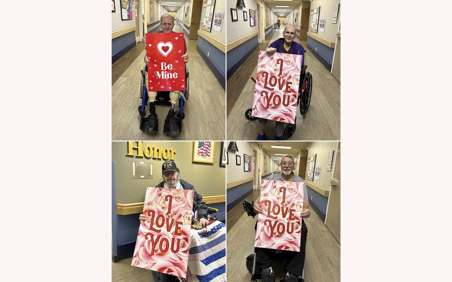 Residents at the Spokane Veterans Home in Washington state, receive in advance cards and gifts for Valentine’s Day.