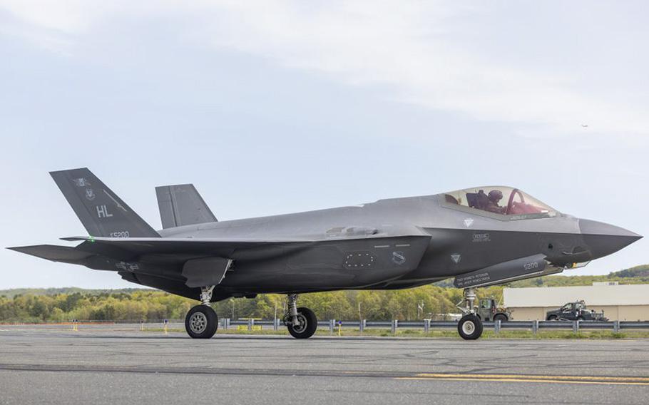 An F-35A Lightning II fighter jet is seen on the taxiway at Westfield Barnes Air National Guard Base on May 9, 2023.
