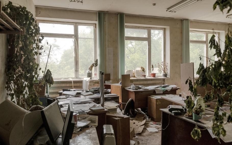 An administrative building in Chernobyl, which was used by Russian forces as their headquarters during the occupation, on May 20, 2022. 