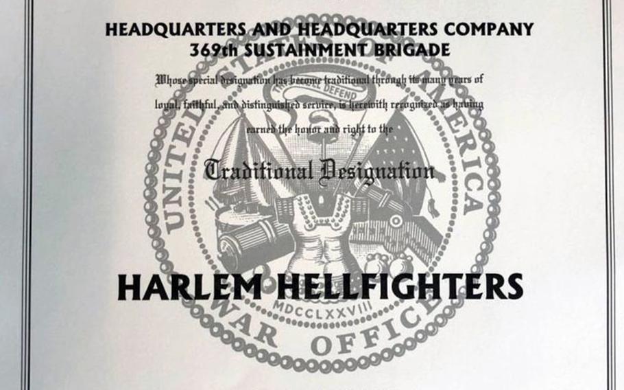 The certificate prepared by the U.S. Army Center of Military History at Fort McNair which makes official the nickname of Harlem Hellfighters, which the 369th Infantry Regiment and its descendents have used since World War I.

New York National Guard