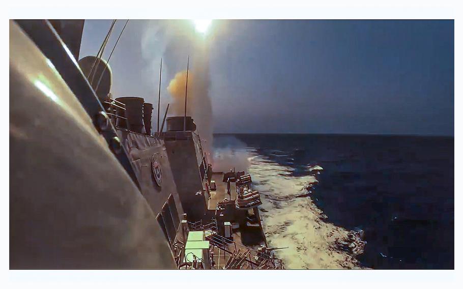 A video screen grab shows the Arleigh Burke-class guided-missile destroyer USS Carney defeating a combination of Houthi missiles and unmanned aerial vehicles in the U.S. 5th Fleet area of operations. 