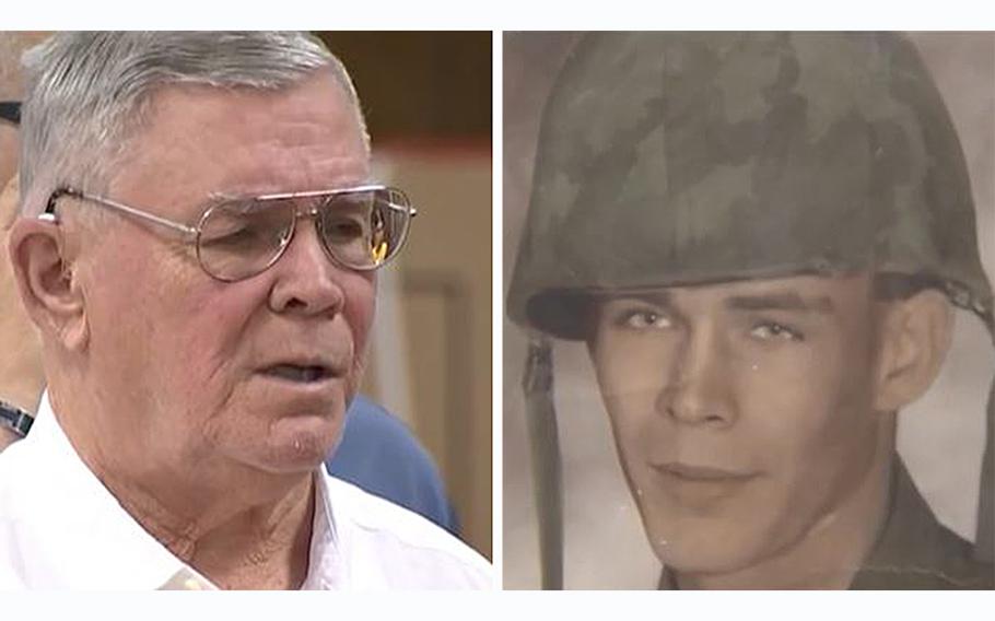 Video screen grabs show Vietnam veteran Kevin Gilbert Alder during a ceremony in Haverhill, Mass., where he received a Purple Heart 53 years after he was injured by a booby trap in Vietnam. During the ceremony, Alder held a picture of a younger version of himself when he was newly enlisted.