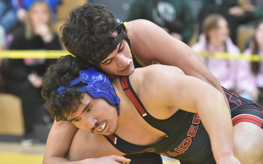 SHAPE’s Luigi Patalano defeated Kaiserslautern’s Freeman Allen in a 175-pound semifinal Saturday, Feb. 10, 2024,  at the DODEA Europe Wrestling Championships.