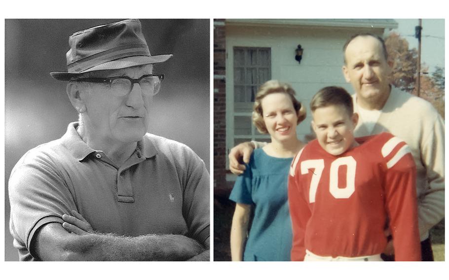 Steve Belichick, seen at left, was an assistant football coach for the Navy Midshipmen. His son, former New England Patriots coach Bill Belichick (seen at right as a child wearing #70 red jersey), says he considers himself a “Navy man” because of his growing up years with his dad at the Naval Academy.