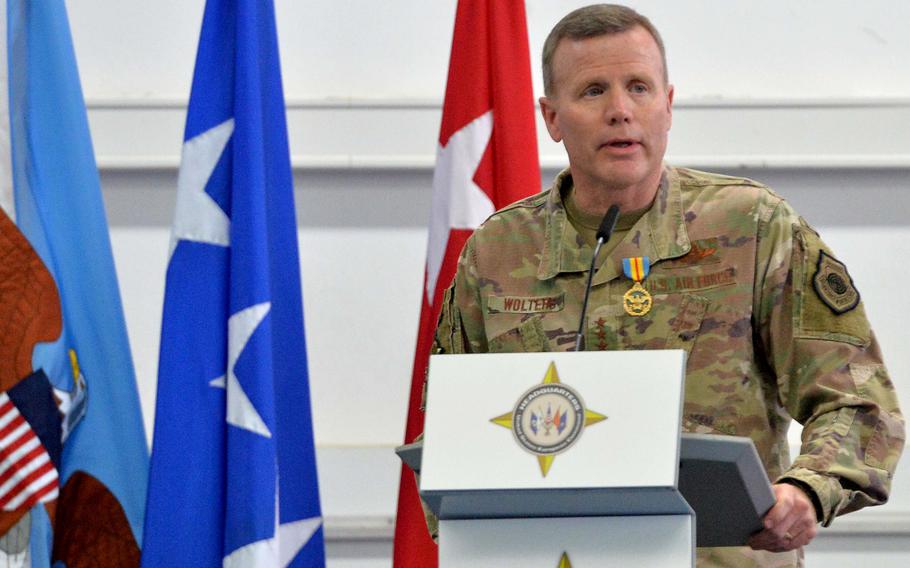 Gen. Tod Wolters speaks to his troops for the last time before turning over the reins of U.S. European Command to Gen. Christopher Cavoli at a ceremony in Stuttgart, Germany, July 1, 2022. 