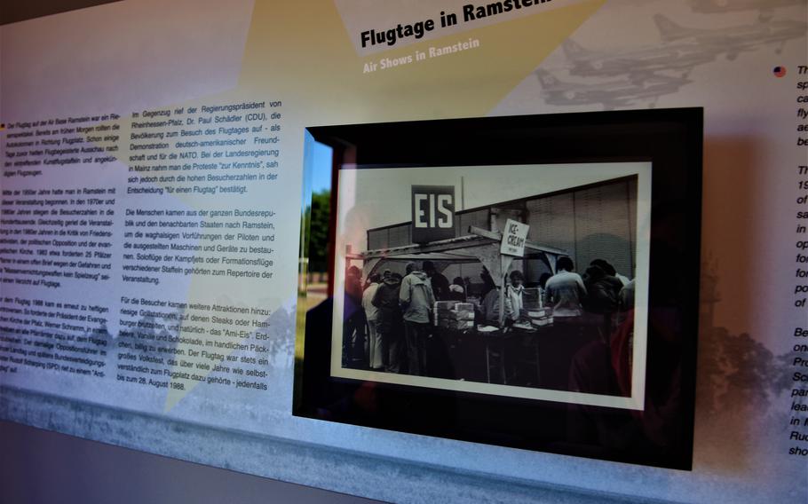 A display in the Docu Center Ramstein in Ramstein-Miesenbach, Germany, shows a photo of people buying American ice cream at an air show at Ramstein Air Base. The base for years hosted an annual air show, which drew hundreds of thousands of visitors from across Germany and Europe.