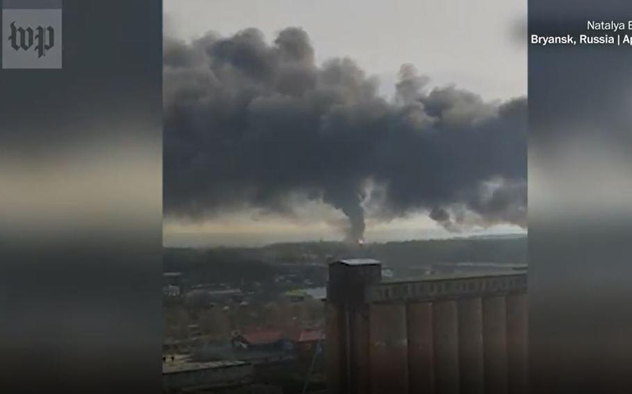 This screenshot shows large plumes of smoke seen on April 25 after fire broke out at an oil storage in Bryansk, a Russian city less than 100 miles from the border with Ukraine.