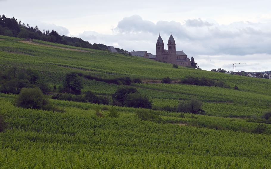 A view of the St. Hildegard Abbey in the vineyards, seen from the cable car between Ruedesheim and the Niederwald Monument.