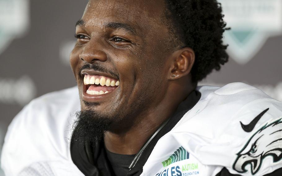 Nakobe Dean talks with reporters after Eagles Training Camp at the NovaCare Complex in South Philadelphia, Pa.,, on Aug. 1, 2022.