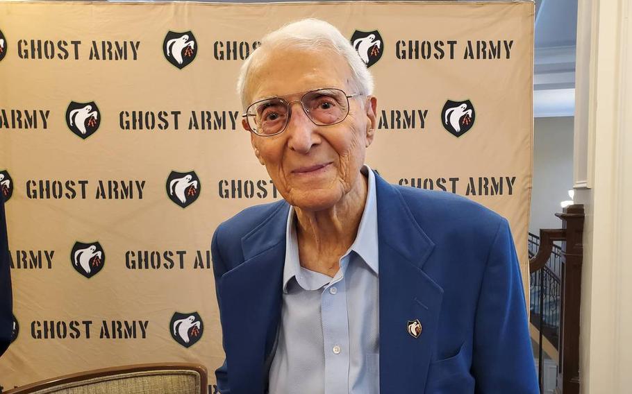 George Dramis, World War II veteran of the long-classified “Ghost Army” that faked the whereabouts of U.S. Army divisions in the days after the D-Day invasion at Normandy in 1944. Dramis is a recipient of the Congressional Gold Medal for his service in a precursor to today’s Army Psy Ops. Dramis is pictured at a ceremony Saturday, July 23, 2022, which was proclaimed George Dramis Day in Raleigh, N.C. 