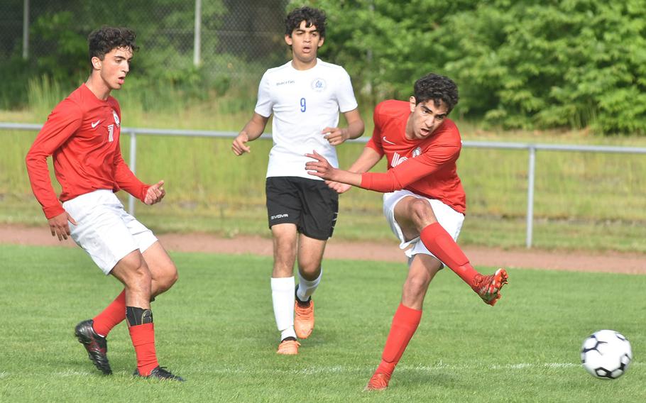 American Overseas School of Rome's Zane El Kilany takes a shot against Marymount on Tuesday, May 17, 2022, at the DODEA-Europe boys Division II soccer championships at Landstuhl, Germany.