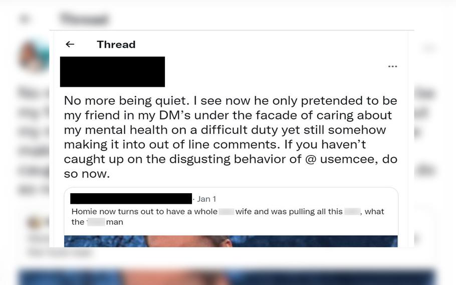 A Twitter post on Jan. 1, 2022, was one of many accusing a Marine of lies, manipulation and inappropriate behavior with vulnerable women online, including junior military personnel.