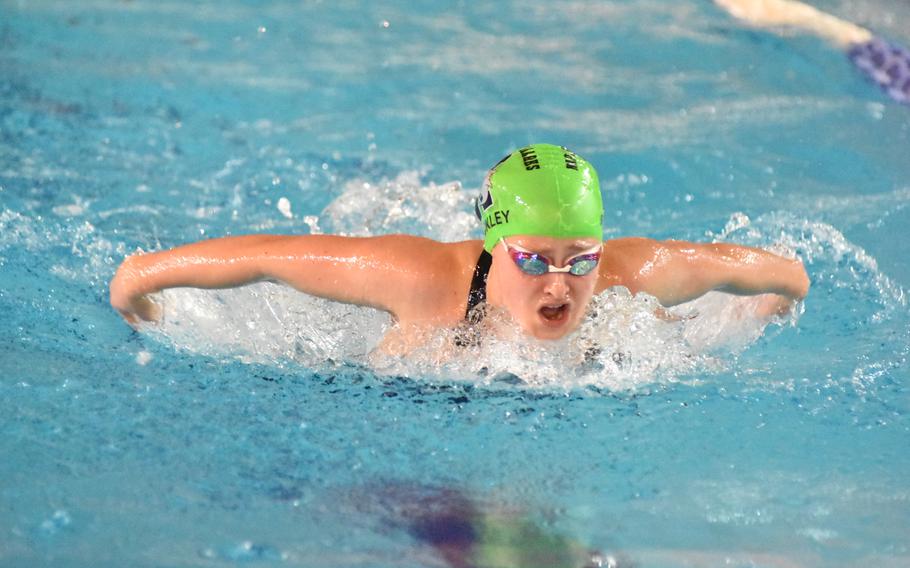 Shannon Buckley of the Naples Tiger Sharks followed a record-breaking performance earlier in the day by winning her age bracket in the girls 400-meter individual medley on Saturday, Nov. 26, 2022, at the European Forces Swim League Long Distance Championships in Lignano Sabbiadoro, Italy.