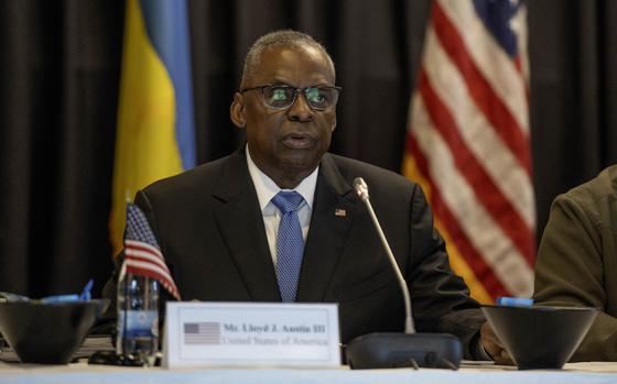 Defense Secretary Lloyd Austin gives opening remarks next to his Ukrainian counterpart, Rustem Umerov, during the Ukraine Defense Contact Group meetings at Ramstein Air Base, Germany, March 19, 2024. 