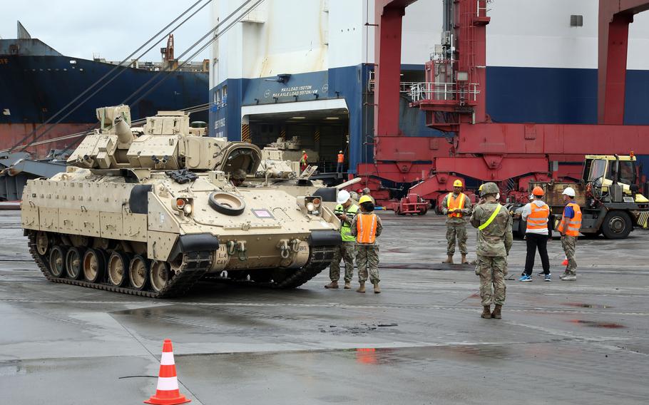 U.S. military equipment is offloaded at the port in Gdansk, Poland, in 2021. Germany, the Netherlands and Poland signed a memorandum of intent Jan. 30, 2024, to establish a military corridor, which would simplify the rules for moving forces around Europe.