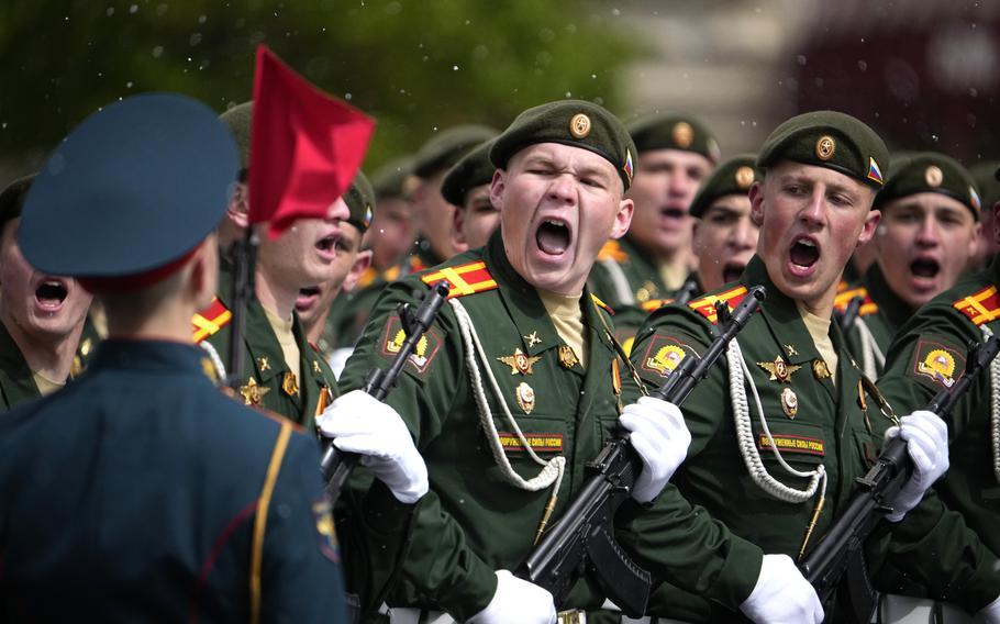 Russian service members march in the Victory Day military parade in Moscow, Thursday, May 9, 2024, marking the 79th anniversary of the end of World War II.