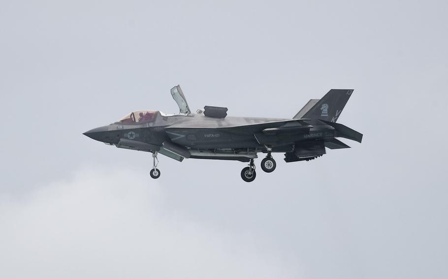 A U.S. Marine Corps. F-35B Lightning II fighter jet performs a maneuver during a media preview day at the Singapore Airshow in Singapore, on Feb. 9, 2020.