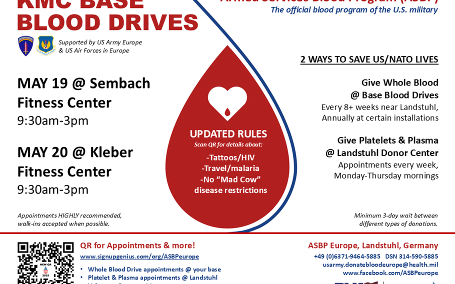 A flyer provides information on upcoming blood drives.