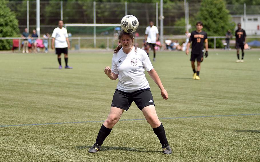 Baumholder left back Ashlyn Brech heads the ball during the second day of pool-play action against Spangdahlem at the 2025 Division III DODEA European championships on May 20, 2025, at Rothenborn Stadion in Landstuhl, Germany.