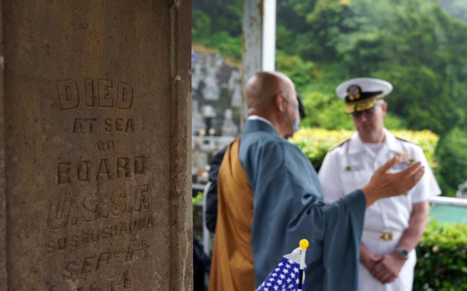 The commander of Naval Forces Japan, Rear Adm. Carl Lahti, speaks with a monk from Gyokusenji Temple in Shimoda, Japan, May 19, 2023. His visit was part of the city's 84th annual Black Ship Festival.