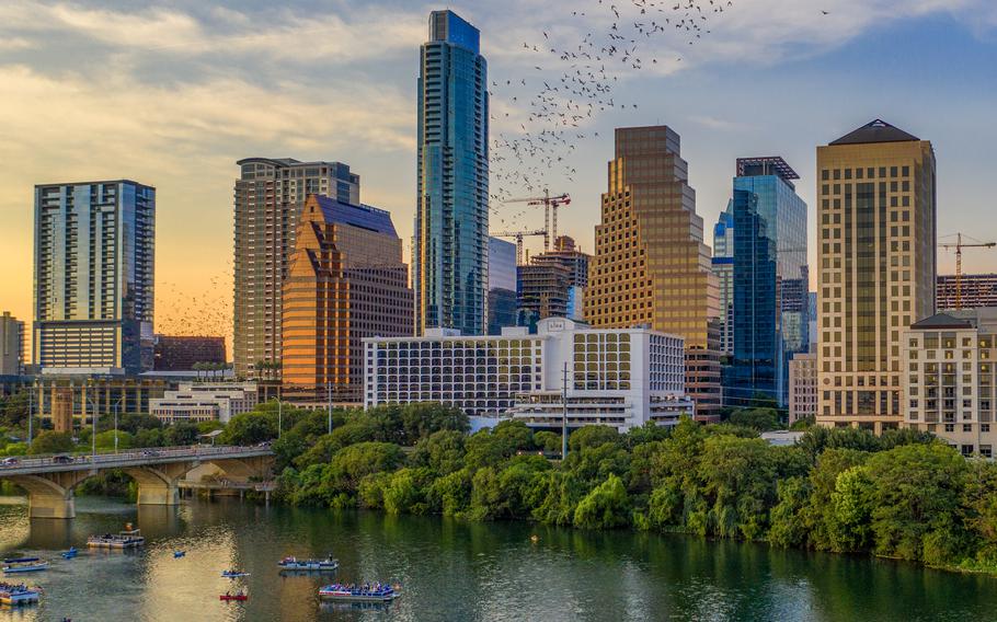 The Austin skyline from Lady Bird Lake.  Ten miles of hiking/biking trails line the lake. 