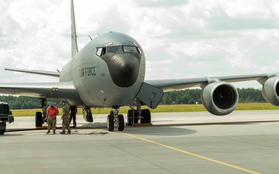 Illinois Air National Guard members refuel a KC-135 Stratotanker at Powidz Air Base in Poland in 2021. U.S.-based guardsmen and reservists are now deployed to Europe, flying KC-135 missions from Powidz.