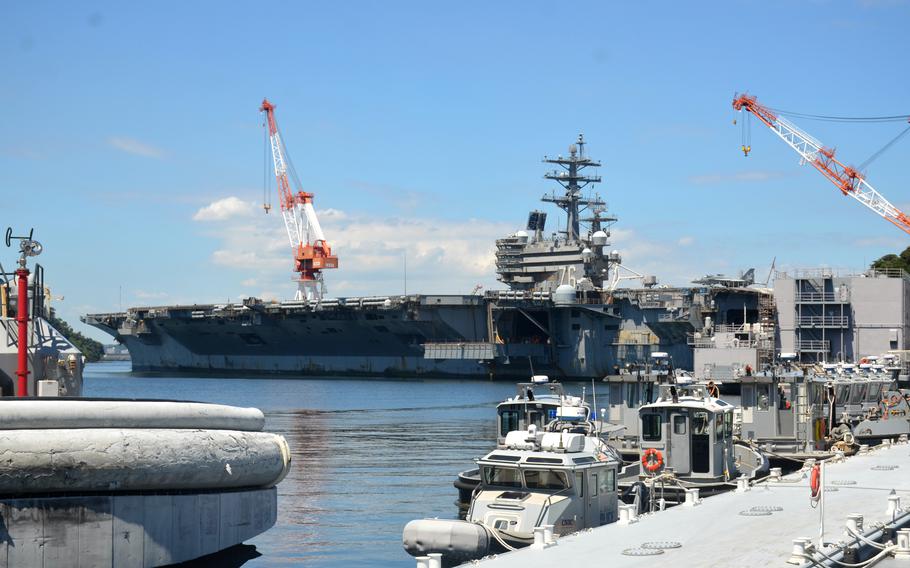 The aircraft carrier USS Ronald Reagan, which returned to Yokosuka Naval Base, Japan, Aug, 19, 2022, left again for the second half of its deployment on Monday, Sept. 12. 