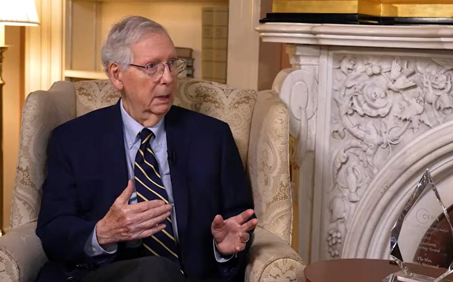 Senate Minority Leader Mitch McConnell, R-Ky., speaks at a security forum hosted by the Center for European Policy Analysis on Sept. 27, 2023. McConnell said that in supporting Ukraine, the U.S. is reinvigorating its industrial base and preventing Russia from moving into NATO territory.