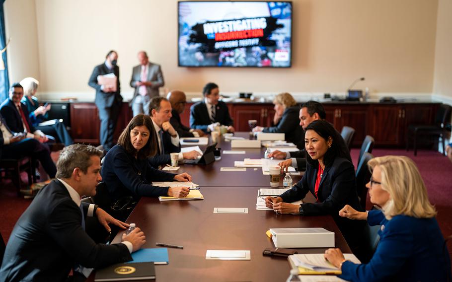 Members of the House select committee investigating the deadly pro-Trump invasion of the U.S. Capitol meet in a room ahead of the first hearing in the Cannon House Office Building on Capitol Hill on July 27, 2021, in Washington, D.C. 