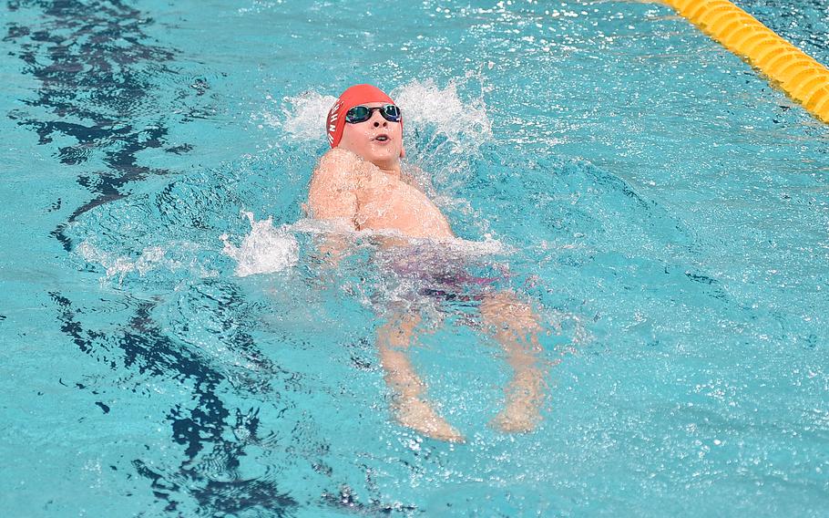 Stuttgart Piranha Elijah Love swims the backstroke leg of the 11-year-old boys 200-meter individual medley during the European Forces Swim League Short-Distance Championships on Feb. 11, 2024, at the Pieter van den Hoogenband Zwemstadion at the Nationaal Zwemcentrum de Tongelreep in Eindhoven, Netherlands.