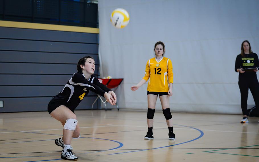 Isabella Whaley of the Stuttgart Panthers makes the dig after a serve by SHAPE  during a 2022 DODEA-Europe Volleyball Tournament game Oct. 27, 2022, at Ramstein Air Base, Germany.
