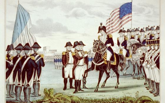 A print of the surrender of Cornwallis at Yorktown, Va., in 1781 shows Maj. Gen. Charles O'Hara, surrounded by French and American soldiers, handing over his sword.