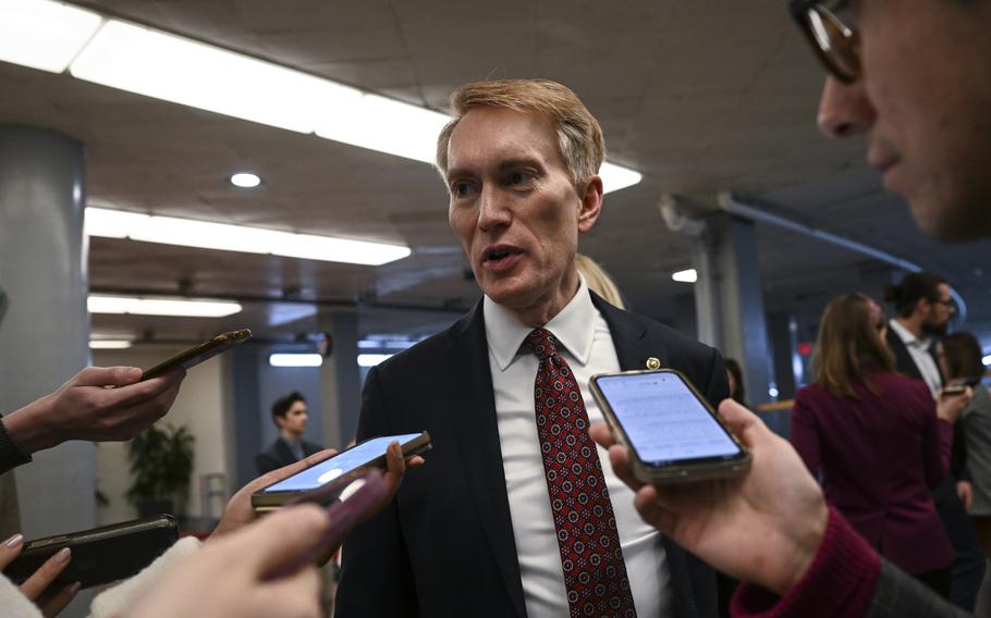 Sen. James Lankford (R-Okla.) talks to reporters at the Capitol in early February. 
