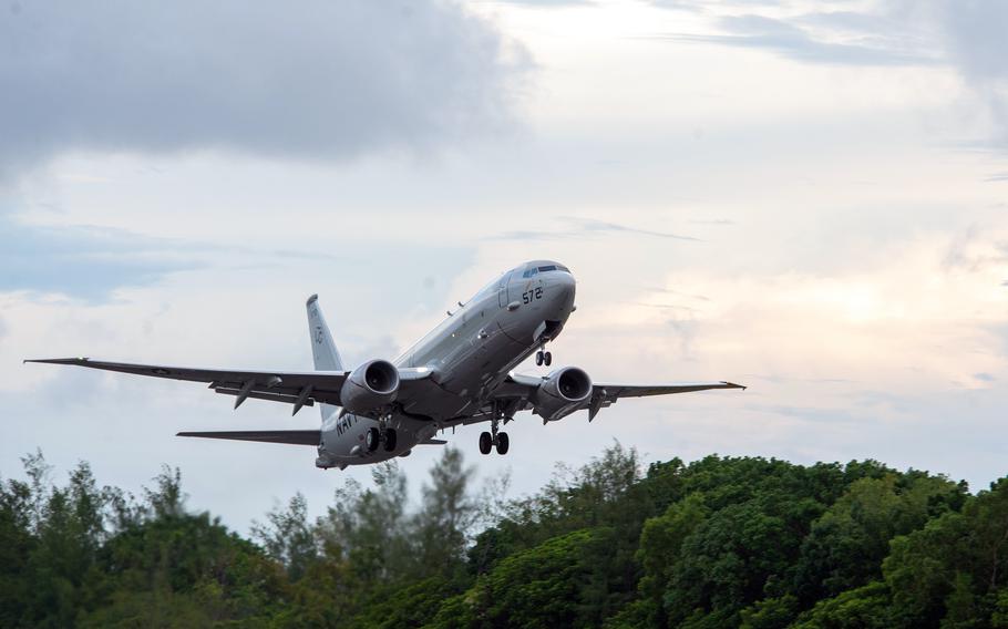 A U.S. Navy P-8A Poseidon takes off from Roman Tmetuchl International Airport in Koror, Palau, July 9, 2022.